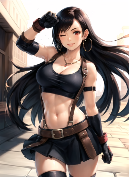 tifa lockhart, 1girl, thick lips, arm up, armpits, artist name, belt, black hair, breasts, red eyes, slim, cleavage, closed mouth, collarbone, cowboy shot, crop top, earrings, elbow gloves, elbow pads, gloves, jewelry, large breasts, lips, long hair, low-tied long hair, midriff, navel, one eye closed, outdoors, skirt, smile, solo, stomach, suspenders, tank top, upper body, ((masterpiece))  <lora:tifa_lockhart:0.3> 
<lora:tloz_offset:1>