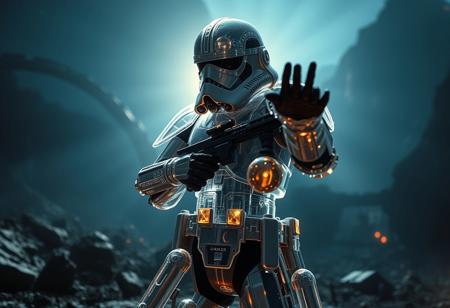 Ultra-detailed 4K rendering: Translucent Chrono-Patrol Trooper (Star Wars stormtrooper concept) made of crystalline metal, revealing intricate internal mechanisms. Dynamic action pose, poised for combat. Set against a World Legacy in Shadow background, ruined ancient landscape, deep atmospheric shadows. Dramatic cinematic backlighting, ethereal light shafts, vibrant spectral highlights. Octane Render, Unreal Engine 5, hyperrealistic, intricate, golden ratio composition, creative low angle, masterpiece, trending on ArtstationHQ, CGSociety.