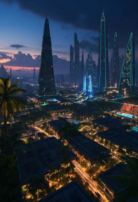 A futuristic, cyberpunk cityscape set in a tropical environment during the summer solstice. The scene features sleek, neon-lit skyscrapers and advanced architecture, but instead of the typical urban jungle, it is surrounded by lush, vibrant tropical vegetation and palm trees. The sky is a deep blue with a few fluffy white clouds, and the sun is high, casting a warm glow. The atmosphere is a blend of futuristic and tropical, with exotic flowers and greenery intertwined with metallic and glass structures. The lighting is bright and vivid, capturing the essence of a tropical solstice in a cyberpunk world. High-resolution, detailed textures, and a dynamic interplay of light and shadow
BREAK
(
night cityscape, skyscrapers, huge docked spaceship in the horizon,Egyptian pyramids tall  as the sky, multi layered highways that circle the  city center ,  illuminated buildings, neon lights, urban skyline, futuristic, cyberpunk aesthetic, sunrise, atmospheric haze, street lamps, architectural lighting, high-rise towers, city glow, modern metropolis, dynamic composition, wide shot:1.8)