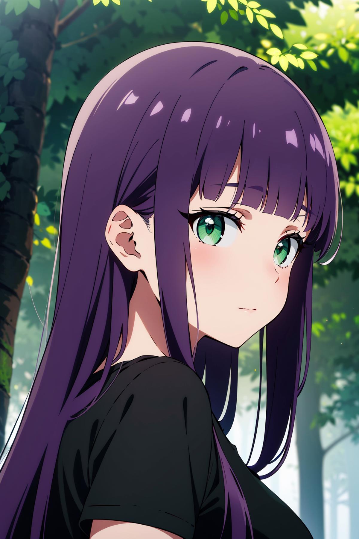 A girl with long purple hair and green eyes wearing a black shirt.