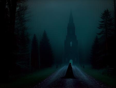 <lora:burton:1>tm style, landscape of a church surrounded by dark forests at night  a woman from the 1800s walking alone, tim burton movie frame, cinematic, a lot of haze, volumetric lights, realistic, 8k