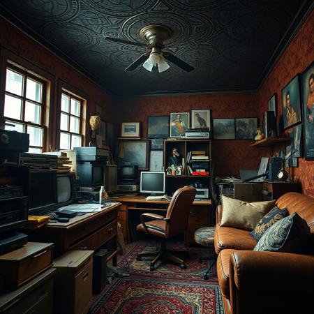 (ANTIQUE, NOSTALGIC, VINTAGE, RETRO THEMED DECOR), (Captured with a Hasselblad medium-format camera with a 80mm Zeiss lens at f/1.8), Sharp Focus. (Dynamic Random Angled Shot), Layered Foreground, (Fluorescent Lighting) with (Stark Contrasting Shadows), (cluttered detailed home office), [Smokey Windows], Retro Desk, (weathered leather desk chair, retro sofa), hoarder's paradise, hoarded vintage technology all over, (richly painted bright textured walls, dark embossed ceiling), (Creative Light Source), [[Extremely Subtle Glowing Light]], ZOOM-OUT,