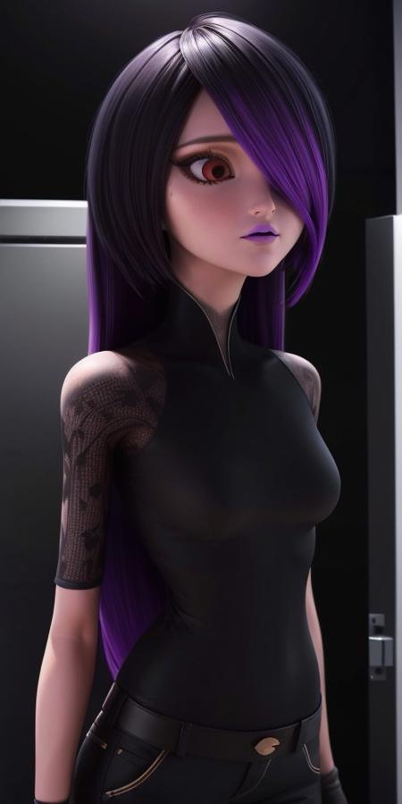 Juleka Couffaine medium height brilliant red eyes dark eyeshadow long black hair with dyed purple tips at the end and bangs covering the left side of her face very soft magenta lipstick