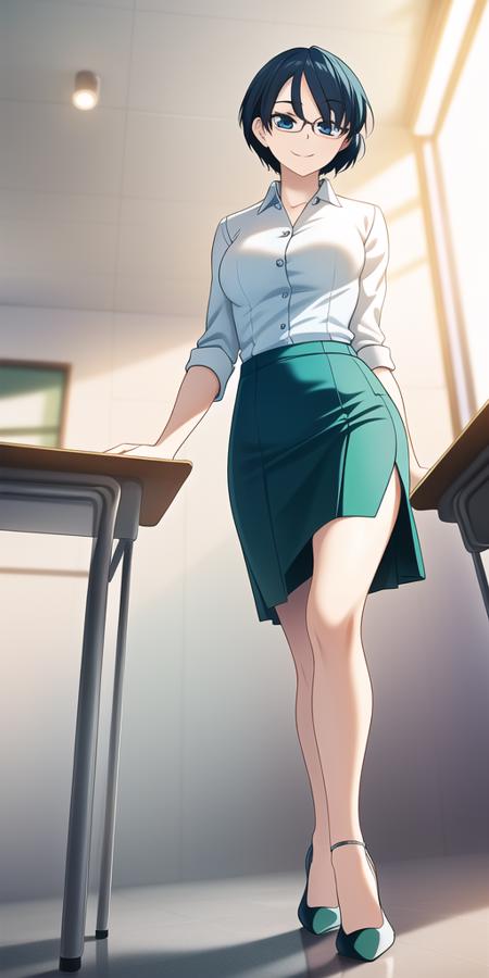 realistic,beautiful, <lora:steampunkEngis_katawashoujo_shizunehakamichi:0.8>, 1woman, solo, walking, seductive_smile, smug, seductive_eyes, eyes half closed, facing side, short blue hair, (glasses:1.3), blue eyes, teacher, white shirt, green skirt, from below, studio lighting, high heels