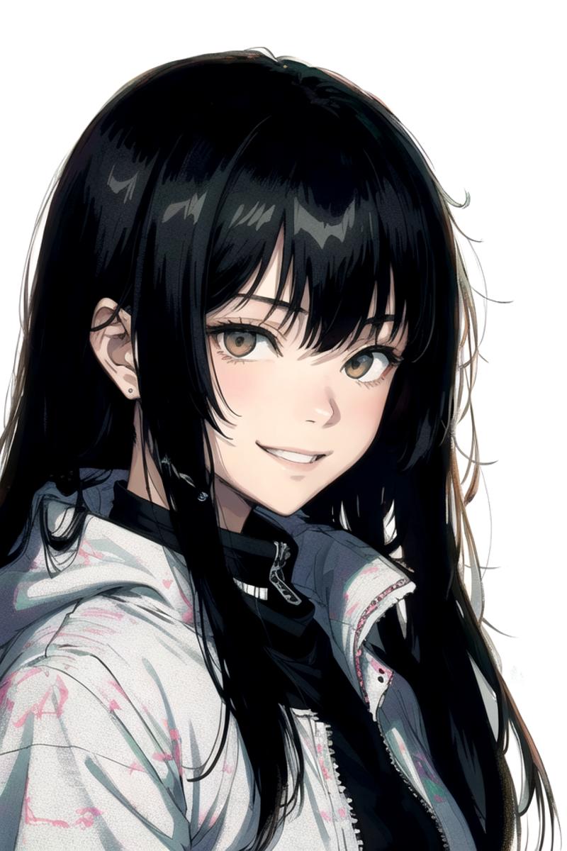 1girl, long black hair, smiling, yeah anything you put here should be good, let's add an artist to change the look, like (...
