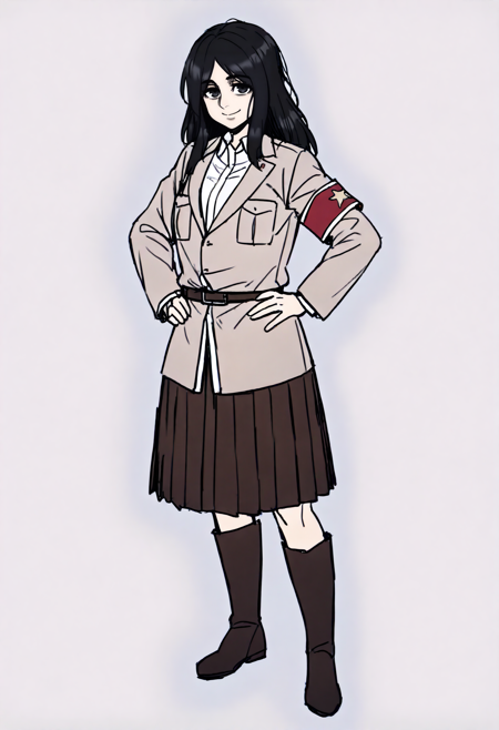 1girl, pieck finger, black hair, long hair, black eyes shingeki no kyojin pieckeldian, armband, brown coat, pleated brown skirt, long skirt, collared shirt, long sleeves, necktie, boots pieckjaegerist, ponytail, black eyes, brooch, military uniform, green long coat, survey corps \(emblem\), knee boots