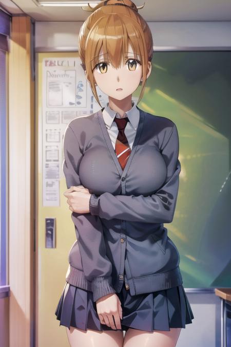 (extremely detailed CG unity 8k wallpaper), (masterpiece), (best quality), (ultra-detailed), (best illustration), (best shadow), (absurdres), 1girl, solo, <lora:mori:0.8>, nozomi mori, school uniform, grey jacket, cardigan, blue skirt, necktie, looking at viewer, parted lips, classroom