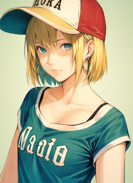 obata takeshi, masterpiece, best quality, 1girl, aqua eyes, baseball cap, blonde hair, closed mouth, earrings, green background, hat, hoop earrings, jewelry, looking at viewer, shirt, short hair, simple background, solo, upper body, yellow shirt
 <lora:obata_takeshi_offset:1>