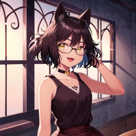 highres,solo, olive,symmetrical,chocker,tan, (dark skin:0.9),bare shoulders. :d,yellow eyes,cat girl, fangs, visible fangs, white fangs, upper teeth, glasses, skirt, school_uniform, plaid_skirt, plaid, sweater, bespectacled, adjusting_eyewear, star_(symbol), open_mouth, alternate_costume, school hall, indoors, window,