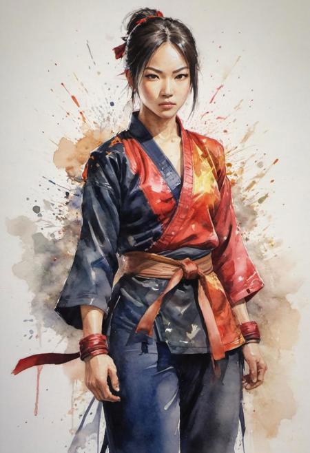 by Shotaro Ishinomori, silat female fighter, (shiny, artstyle-watercolor but extremely beautiful:1.4), (intricate details, masterpiece, best quality:1.4) , in the style of nicola samori, 
street fighter style 2D art, Vibrant, dynamic, arcade, 2D fighting game, highly detailed, reminiscent of Street Fighter series,, looking at viewer