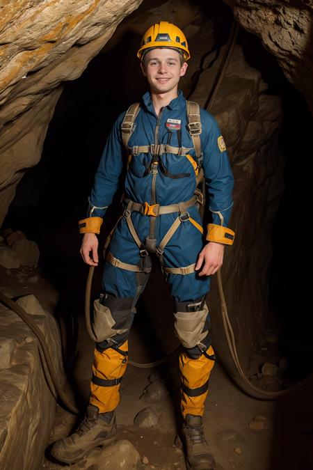 standing in an underground cave,, smiling, PetoMohac is spelunking, wearing caver suit, spelunking harness, climbing safety helmet with headlamp, spelunking cables,  (((full body portrait))), wide angle  <lora:PetoMohac-000008:0.8>