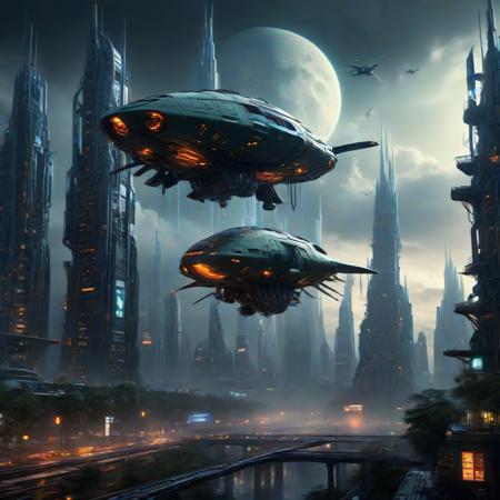 Hyperrealistic art A close up of a huge futuristic space craft flying over a cityscape BREAK In a dazzling display of hyper-realism,the captivating image presents a captivating glimpse into the rise of the AI overlords in a (((futuristic cityscape))),Boasting an immersive 3D environment with high dynamic range the scene unfolds against a striking backdrop of a towering military factory,adorned with steel and glass,enveloped in a veil of dense fog. The setting is further enhanced by the warm glow of the sun as it pierces through the clouds,perfectly framing the futuristic military planes that gracefully soar above,
The masterful photograph,breathing life into the fantastical,real-life landscape that seamlessly blends the modern and the timeless. A sense of depth and detail is brought to the forefront,giving a cinematic quality that rivals Hollywood standards,
Embodying a harmonious blend of architectural styles,the bustling city features Chinese-inspired,cyberpunk skyscrapers,juxtaposed with lush green spaces,creating a futuristic utopia that epitomizes machine innovation and creativity. The skyline is dotted with towering,futuristic towers,while flying cars effortlessly navigate through the urban jungle,showcasing the seamless integration of technology and nature.,
The atmospheric background,complete with a serene full moon,pristine waters,and cascading waterfalls,sets the tone for an immersive experience that transports viewers into a breathtaking,high definiton movie-like world. Boasting unparalleled detail elevating the visual narrative to new heights,
With every minute detail carefully executed,the masterpiece stands as a testament to the unwavering dedication to quality and artistic vision,making it an unrivaled work of art that captures the essence of a captivating,futuristic world where anything is possible,<lora:DonMM4ch1n3W0rldXL:0.7>,donmm4ch1n3w0rldxl,city,metropolis,fortress,Extremely high-resolution details,photographic,realism pushed to extreme,fine texture,incredibly lifelike,