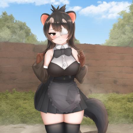 ausdev, 1girl, eyepatch, solo, medical eyepatch, long hair, black hair, tasmanian devil ears, tasmanian devil tail, brown eyes, detached sleeves, bangs, long sleeves, bare shoulders, empty eyes, frills, brown gloves, black pleated skirt, one eye covered, black neckwear, black sleeves, two-tone hair, black bowtie, black thigh-highs, black sleeveless shirt, black waist apron, detailed shading, detailed ambient light