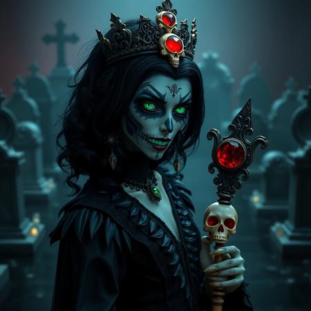 1girl, mysterious, hyper-realistic, despotically evil vampire queen, detailed argular scary face, goth sugar skull make up, jet black hair, black malachite crystal victorian dress with sharp jagged textures, Black Soul Gem Eyes, skull tiara with ebony accents, vampire fangs, glowing bioluminescent accents, holding scepter carved from bone with a red crystal skull on th end, haunting cemetery background, black glass floor, dim lighting, matte color tones, flat color style, horror fantasy, intricate details, cinematic shading, reij-blckprlglss, aidmaImageUpgrader
