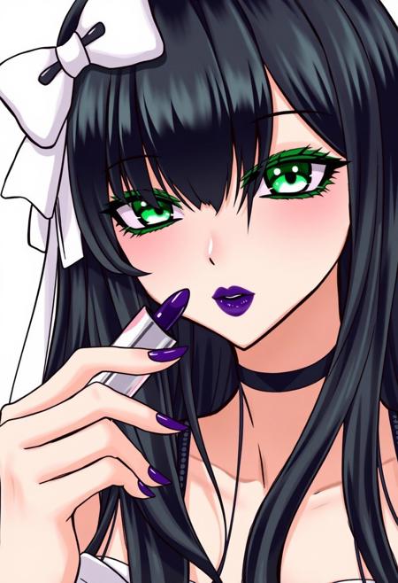 A female drawn in an anime style. She has long, black hair with a white ribbon ornament. She wears noticeable, thick green makeup around her eyes. Her eyes are a deep shade of green. Her eyes are blank and emotionless. She is wearing deep purple lipstick. She is applying purple lipstick to her lips from a glossy tube. Her fingernails are painted purple.