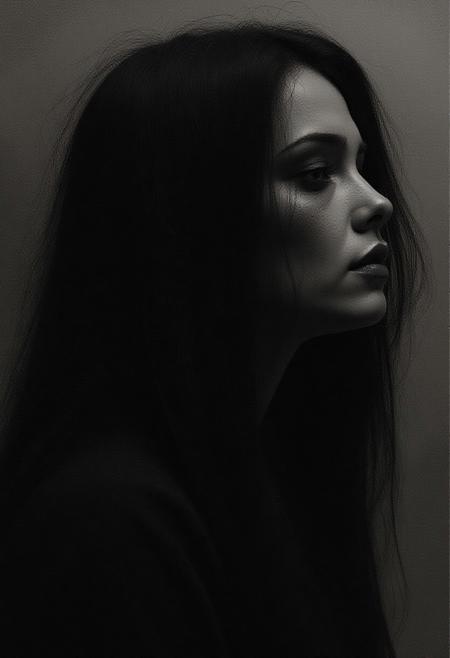 Surrealist art painting of a woman with long black hair, soft-focused realism --chaos 75 --ar 1:2 --profile 1kixoc4 --stylize 750 --v 7,  <lora:- Flux1 - vanta_black_V2.0:1> . Dreamlike, mysterious, provocative, symbolic, intricate, detailed