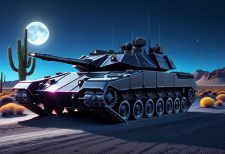vibrant colors, shiny_skin, prefect lighting, detailed image, snoozing, masterpiece, best quality, highly detailed, ultra quality, 3DMM, 
((ObsidianSand, Obsidian, Sand), 
(Armored vehicle, tanks), 
On the road, outdoors, neon lights, glowing, desert, cactus, tree, night, moon, moonlight,