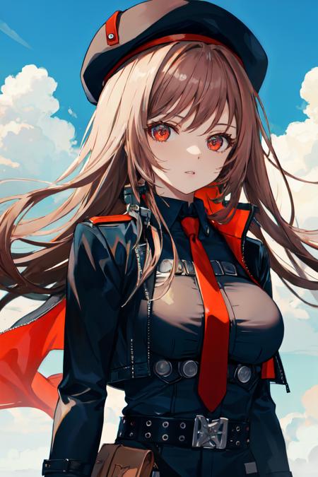 <lora:rapi_nikke:1>rapi nikke, hat, cloud,black shirt, brown hair, black headwear, sky, looking at viewer, upper body, red necktie, beret, cropped jacket, day, outdoors, open black jacket, solo, long hair, 1girl, parted lips, belt, blue sky, red eyes, large breasts, long sleeves