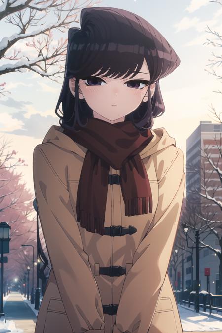 <lora:ShokoKomi_KS-V2:1> shokokomidef, purple hair, purple eyes, long hair,
looking at viewer, blush, scarf, bangs, upper body, expressionless, coat, tree, outdoors, red scarf, closed mouth, winter clothes,
masterpiece, best quality,