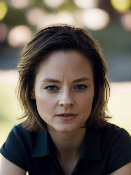 Realistic photo of a beautiful j0d13f-v2 woman, 1girl, solo, looking at viewer, short hair, blue eyes, blonde hair, shirt, short sleeves, parted lips, lips, black shirt, on stomach, realistic, soft lighting, professional Photography, Photorealistic, detailed, RAW, analog, sharp focus, 8k, HD, high quality, masterpiece<lora:j0d13f-v2:1.0>