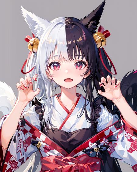 1girl,solo,fox_ears,alicemanabell, <lora:AliceManaV1:0.9>,open mouth, closed mouth, upper body, (claw pose),skin fang, kimono