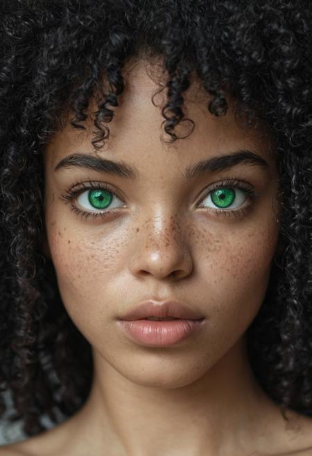 Close-up portrait of a stunning young woman of mixed race, with large emerald green eyes, voluminous natural black curly Afro hair, soft freckles, sensual full lips and smooth, flawless skin. Skin color is R191G149B124. Photo model quality. She looks directly at the camera with a calm, confident expression, neutral pose. Natural light, shallow depth of field, dreamy cinematic atmosphere, hyper-realistic details, soft background, sharp facial features, professional beauty photography style.