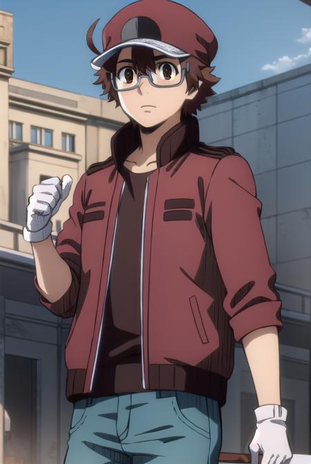red blood cell AA2153, brown hair, (brown eyes:1.5), male focus, glasses, ahoge, shirt, gloves, hat, jacket, pants, white gloves, red headwear, red jacket,