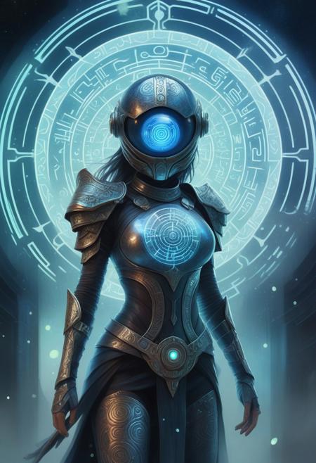 In a swirling vortex of digital watercolor hues, a mystic female warrior stands resolute, encased in sleek futuristic armor adorned with intricate runic designs that seem to pulse with an otherworldly energy. Her helmet's crest unfurls like a tentacle, featuring a single glowing eyeball within a retro TV shell, as if channel surfing the cosmos. With crystal sphere clutched tight, timelines of possible futures unfold before her, spectral forms whispering warnings of impending doom. Glyphs of shimmering light hover nearby, each one a cryptic command from beyond, guiding her through the labyrinthine corridors of fate with calculated precision.