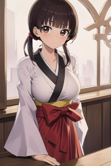 komakijindai, <lora:komakijindai-000010:1>,
komaki jindai, long hair, black hair, twintails, (brown eyes:1.5), low twintails, (large breast:1.2),
BREAK skirt, long sleeves, cleavage, japanese clothes, wide sleeves, kimono, hakama, hakama skirt, white kimono, miko, red hakama,
BREAK looking at viewer,
BREAK outdoors, shrine,
BREAK <lora:GoodHands-vanilla:1>, (masterpiece:1.2), best quality, high resolution, unity 8k wallpaper, (illustration:0.8), (beautiful detailed eyes:1.6), extremely detailed face, perfect lighting, extremely detailed CG, (perfect hands, perfect anatomy),