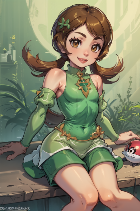 masterpiece, best quality, AS-Younger, <lora:LyraLora:0.7>, lyra \(pokemon\), green dress, hair ornament, smile, detached sleeves, green shirt, green shorts