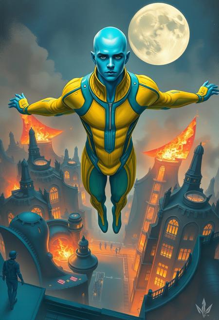 1boy, blue skinned, aged 30 (full body, facing camera, from below). Futuristic fashion, a golden yellow and teal  high tech bodysuit , it is form fitting with an open face design. the man has pale blue skin and is muscular and has an athletic  form , the hero is flying above a futuristic alien city that is very idyllic and made of numerous organic shaped buildings , Charcoal and colourful oil pastels. impressionistic bidimensional, standing on a rooftop looking down at a city under siege, fires, gunfights, people running. Parts of the city are on fire night time. Fires illuminate dark parts of the city. A building explodes in the background. Broken moon in the night sky.
faded watercolours Klimt  dadaistic collage by Bill Sienkiewicz, strikingly alluring face. brilliant spotlight effect. Vibrant thick dripping paint. Intense detail, realistic, dynamic shadows and contrasts. Deep rich colours contrast against the dull muted background.