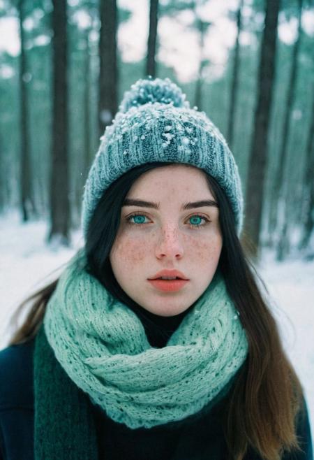 A portrait of a girl, wavy hair, black hair, ocean green eyes, standing in a forest in winter, warm clothes, scarf, beanie, condensed breath, parted lips, looking at viewer, snow flakes,, freckles, pale skin, realistic, photo, golden hour, cinematic lighting, celluloid film skintone color style, earthy colors, blue colors