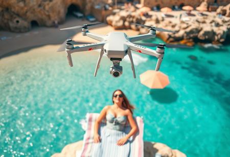“High-resolution photograph of a sleek drone hovering above a beautiful woman lounging on an Italian beach, similar to Mondello. The scene captures vibrant colors and natural sunlight typical of a Mediterranean summer. The woman is reclining on a towel with soft sand beneath her, the beach stretching out with clear turquoise water, and iconic Italian beach umbrellas scattered around. The drone is positioned in the sky above her, capturing the beach’s lively atmosphere and scenic coastline, framed by gentle waves and the rocky landscape characteristic of Mondello. The overall style is natural and summery, with a focus on capturing the carefree, sunlit beach day.”