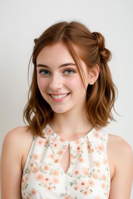 HD, perfect quality, 16k, very detailed,  a beautiful 21yo college girl with ginger hair in an updo, pale skin, wearing a calico floral dress, pink fleckes, green eyes, slim, detailed skin, hair behind ear, smiling proudly, standing in front of white background