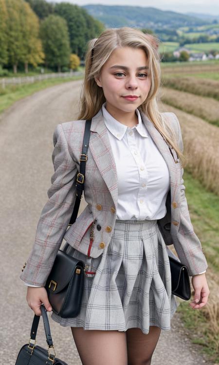 skylarValentineTi02 wearing a tweed suit walking in the english countryside carrying a leather satchel