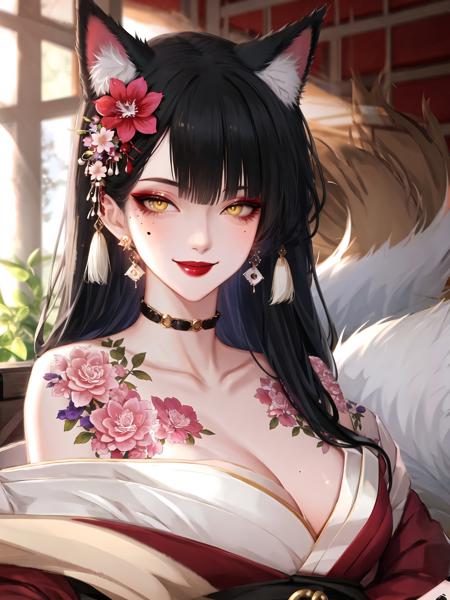 1girl, animal ear fluff, animal ears, bad-girl, black hair, black nails, bracelet, chest tattoo, cleavage, collarbone, earrings, flower, fox, fox ears, fox girl, fox tail, hair flower, hair ornament, japanese clothes, jewelry, kimono, looking at viewer, makeup, mole under eye, off shoulder, pink flower, red lips, smile, solo, tail, tattoo, upper body, yellow eyes