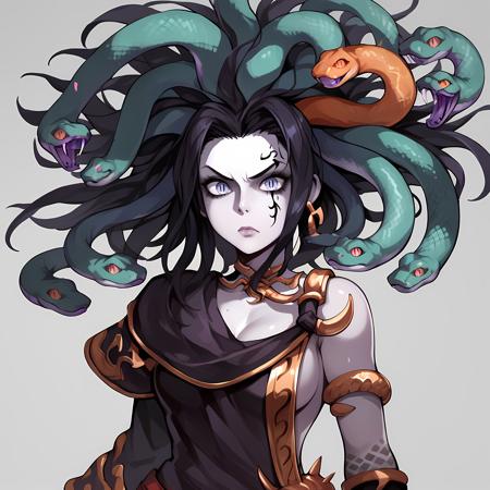 Medusa_KI snake hair, colored skin, jewelry, staff, pale skin, purple dress