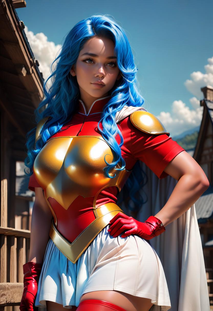 solo, masterpiece, best quality, realistic, golden breastplate, red shirt, blue hair, long hair, wavy hair, red shirt, short sleeves, white skirt, red gloves, red thighhighs, outdoors, hand on hip, golden pauldrons, white cape