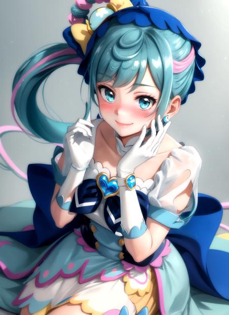 best quality, best aesthetic, masterpiece, intricate details, BREAK 1girl, solo, cure spicy, magical girl, solo, (smile, embarrassed, blush, nose blush, full-face blush), looking at viewer, gloves, sitting, from above, light particles, short sleeves, blue bow, brooch, bow, earrings, dress, colorful background, BREAK, <lora:CURE_SPICY-09:0.8>