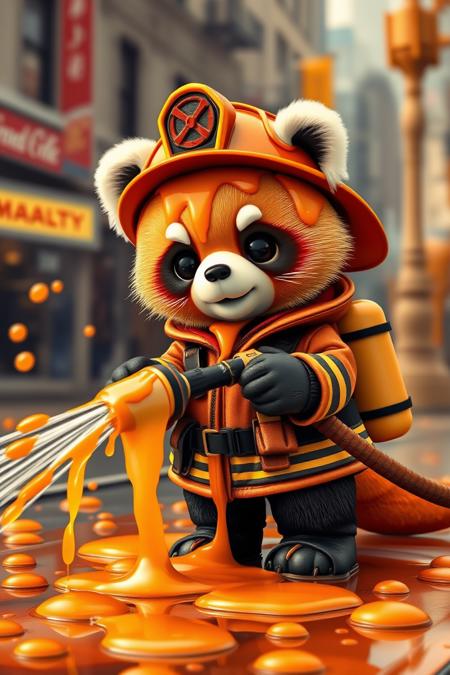 caraf, a cute caramel panda wearing a firefighter uniform. Spraying caramel all over the place with a firehose. city, urban environment, 