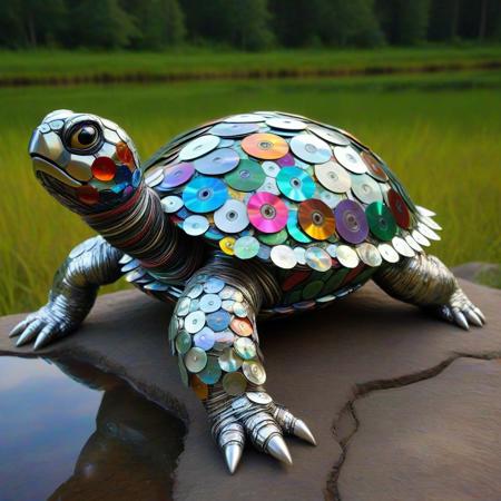 turtle made of cd's, Turtle Sculpture, CD Discs, Recycled Art, Colorful Reflective Surface, Creative Design, 3D Art Installation, Environmental Art, Upcycled Materials, Nature-Inspired, Artistic Composition, Playful Appearance, Shimmering Effect, Textured Shell, Eco-Friendly Artwork, Whimsical Style, tetrapod
