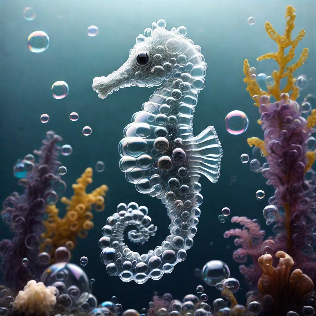 A Sea Horse in an Underwater Environment with Bubbles and Coral