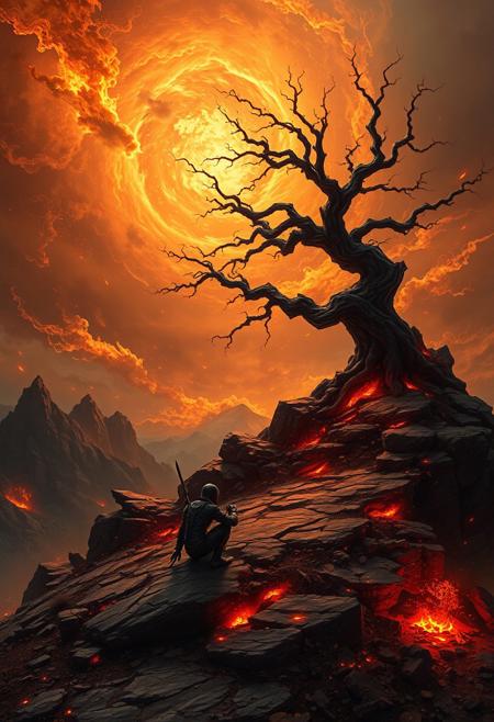 Dark fantasy painting. A lone cyborg kneels before a gnarled tree on a desolate, rocky hilltop, the sky ablaze with swirling firestorms. Medium shot. Style of Laura Iverson, Christopher Balaskas and Raymond Swanland. Intricate details and glowing embers illuminate the scene. Dynamic lighting casts long, ominous shadows. Best quality, a masterpiece, 8k resolution, trending on Artstation, dramatic lighting, atmospheric, intricate, dark, elegant.