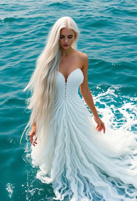 a woman, aprhodite goddess, dress made by the ocean waves, in the middle of the ocean, in white, white long hair, beautiful, high detailed, 8k.