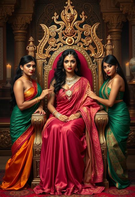 on throne, beautiful sexy princess being served by four lovely Amazon slave girls in harem saris