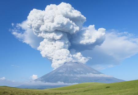 3d,,photorial,photo,grey volcanic eruption cloud, 
Mt. Aso, Kusasenri, green grassland,landscape,summer,blue sky,The volcano is erupting,Outer mountain, (smoke:1.4),,A giant namazu  lying on the mountain,,