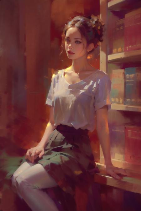 asia girl,(in library),Poetic lens,obscure light and shadow,nostalgia in blue,aestheticism,lace,brooding,emotional depth,1girl,solo,expressive brushwork,pastel hues,, ultra realistic 8k cg, picture-perfect face, flawless, clean, masterpiece, professional artwork, famous artwork, perfect face, beautiful face, beautiful eyes, ((perfect female body)), solo,(immersive atmosphere, chiaroscuro:1.5,bright light:1.2,luminous lighting) ,,(blush:0.5),seductive expression,extremely detailed_eyes,thick thighs,large breasts, beautifully detailed background,depth of field,realistic:1.3, long shot,1girl,shirt,pleated skirt, school uniform, sitting, full body, (ambient light:1.3),(cinematic composition:1.3),(neon lights:0.1),(HDR:0.1),Accent Lighting, white pantyhose, <lora:painting:0.8>