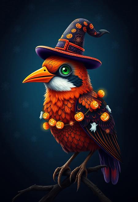 A hyper-stylized image of a bird, completely decked out in Halloween finery, with a mesmerizing array of decorations and designs. The bird's plumage is a riot of orange, black, and purple hues, with intricate, swirling patterns of cobwebs, bats, and jack-o'-lanterns. A tiny witch's hat perches atop the bird's head, complete with a sparkly, glittering broom. The bird's beak is painted with a bright, bold smile, and its eyes shine like glowing, emerald-green lanterns. A garland of tiny, glowing pumpkins and ghosts adorns the bird's neck, adding to the overall sense of spooky, whimsical charm. The background is a deep, midnight blue, with a subtle, textured pattern of spider webs and gravestones, adding to the overall Halloween atmosphere. highest-Quality, intricate details, visually stunning, Masterpiece