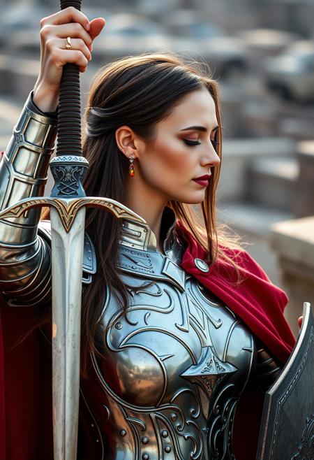 A woman in silver armor, red cape, holding an ancient sabre in her right hand, held high in front of her face, the point of the sword pointed to the ground, woman with long brown hair, slightly tilted head, eyes closed, wearing jeweled earrings, breast, medium breast, lips, left hand holding shield, profile, outdoor blurred background, science fiction