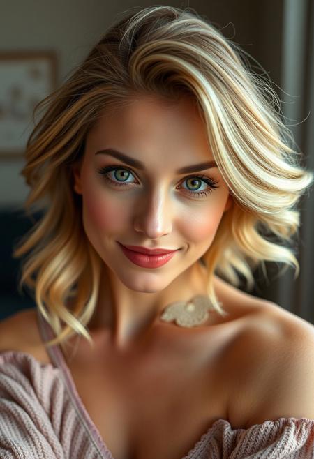 Beautiful woman, Petite, curvaceous figure, fair skin, heart-shaped face, large hazel eyes, slightly upturned nose, warm smile, full lips, well-defined cheekbones, blonde hair in soft waves
posing for a photograph, full body, dutch angle